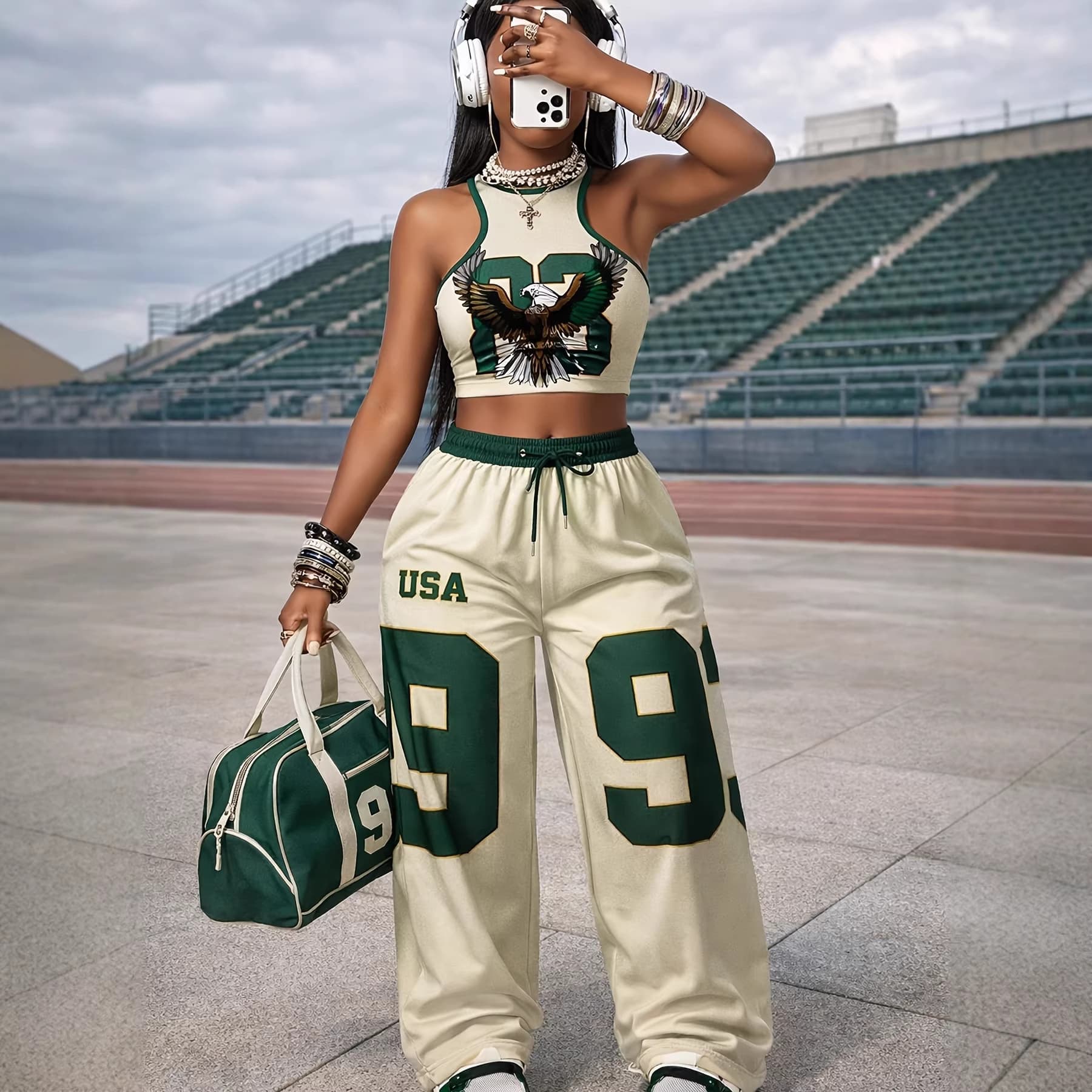 Street Retro Hip-Hop Digital Print Top with Drawstring Waist Pants Set, Two-Piece with Pockets