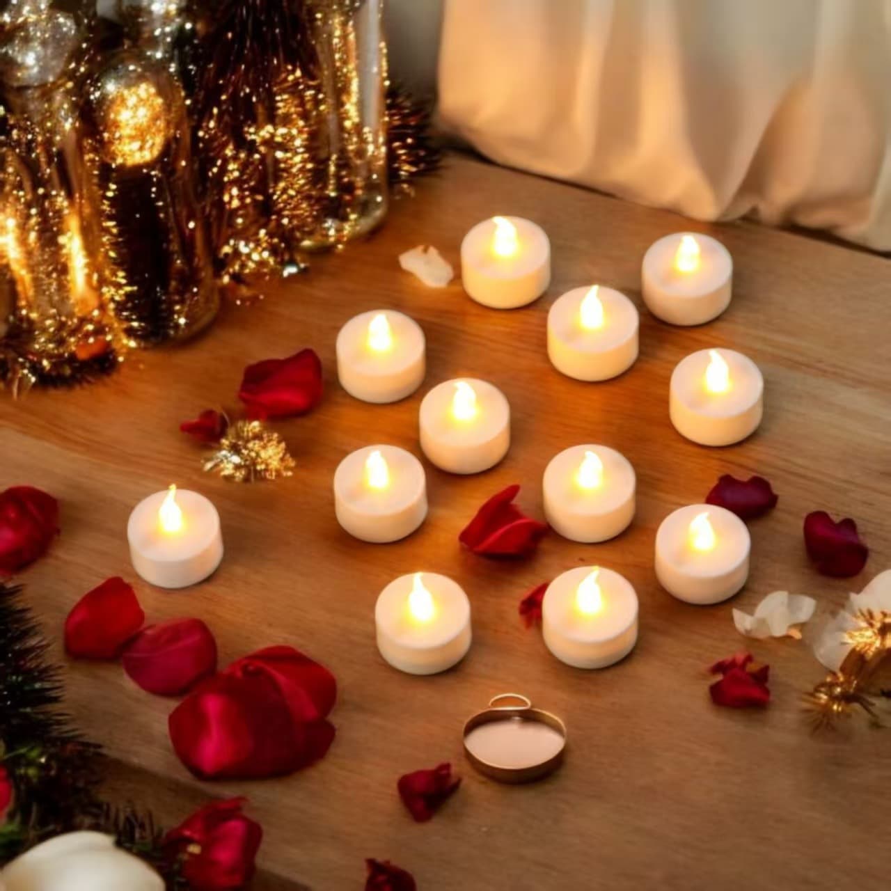 Small Tea Light Qixi Valentine's Day Set LED Candle Light Wedding Atmosphere Decoration with Petals Electronic Candle Glowing