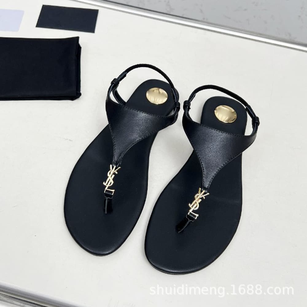 Sandals Slides Flat Sandals Women YS Letter Metal Buckle Open Toe Flat Heel Genuine Leather Women's Slippers High Quality
