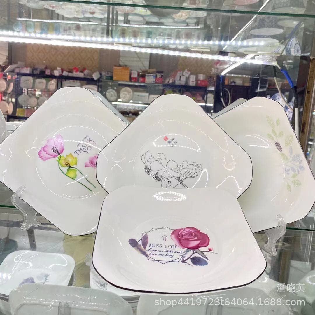 Home Square Stir-Fry Plate Ceramic Ruyi Plate Wholesale Multiple Pattern Printed Square Ceramic Plate