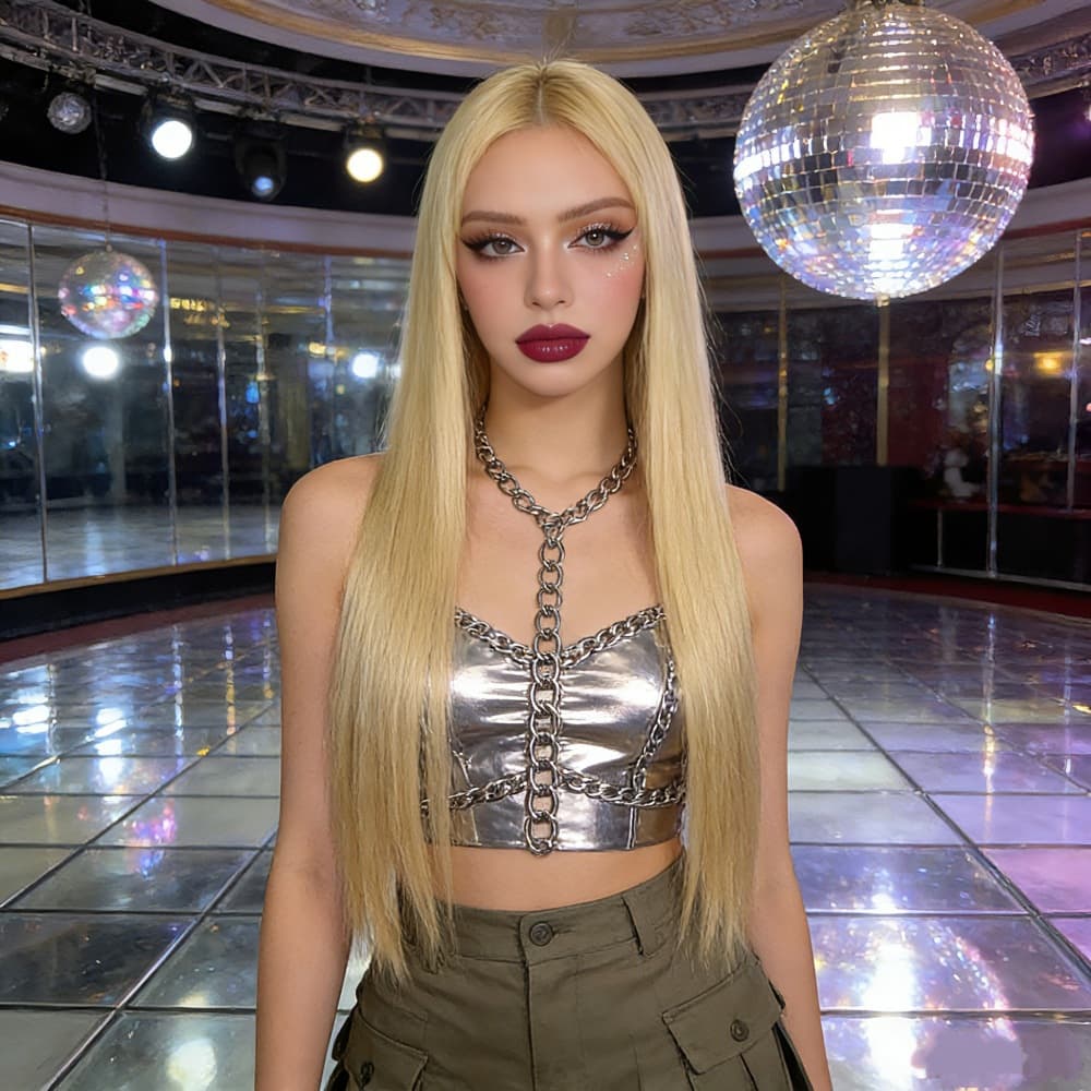 Blonde middle-part long straight high-temperature heat-resistant wig, customizable color and length