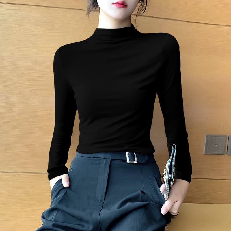 Women's Black Mock Neck Base Layer Top for Spring Autumn Winter, Slim Fit Long Sleeve T-Shirt, Thin Style