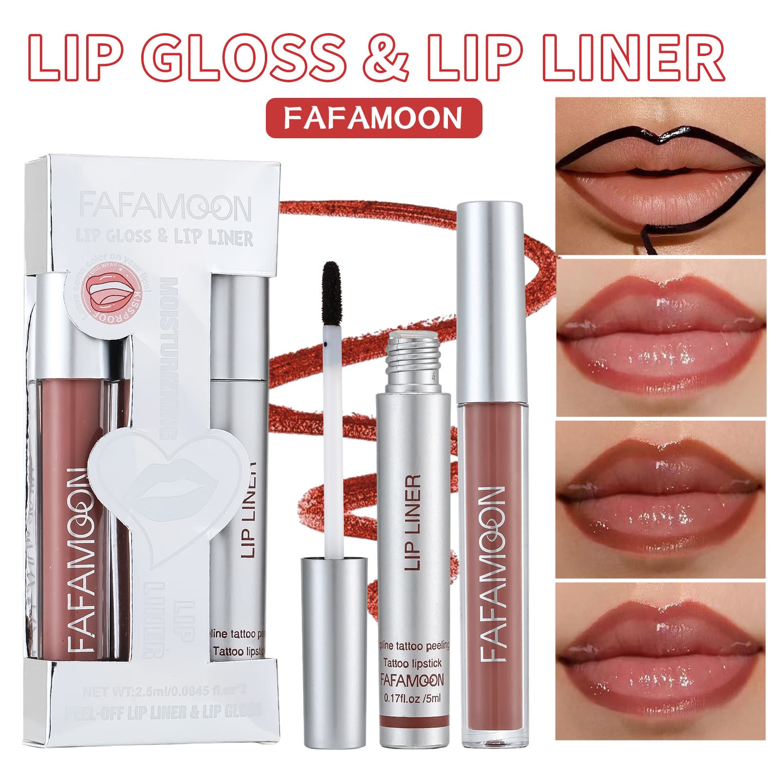 FAFAMOON 2-Pack Lip Gloss Set Moisturizing Long-Lasting Color Non-Stick Peel-Off Lip Gloss Lip Oil Lip Liner Plumping