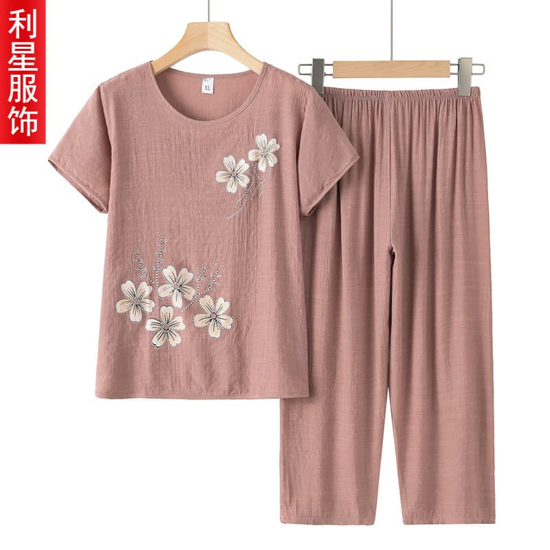 Grandma Style Summer Set Printed Elderly Women Mother Short Sleeve Cotton Linen Loose Summer Clothes Two-Piece Set