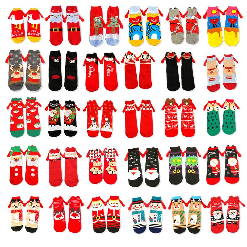 Cross-border Amazon Ready Stock Magnetic Hand-Holding Socks, Viral Socks, Autumn/Winter Mid-Calf Socks, Trendy Cartoon Christmas Socks