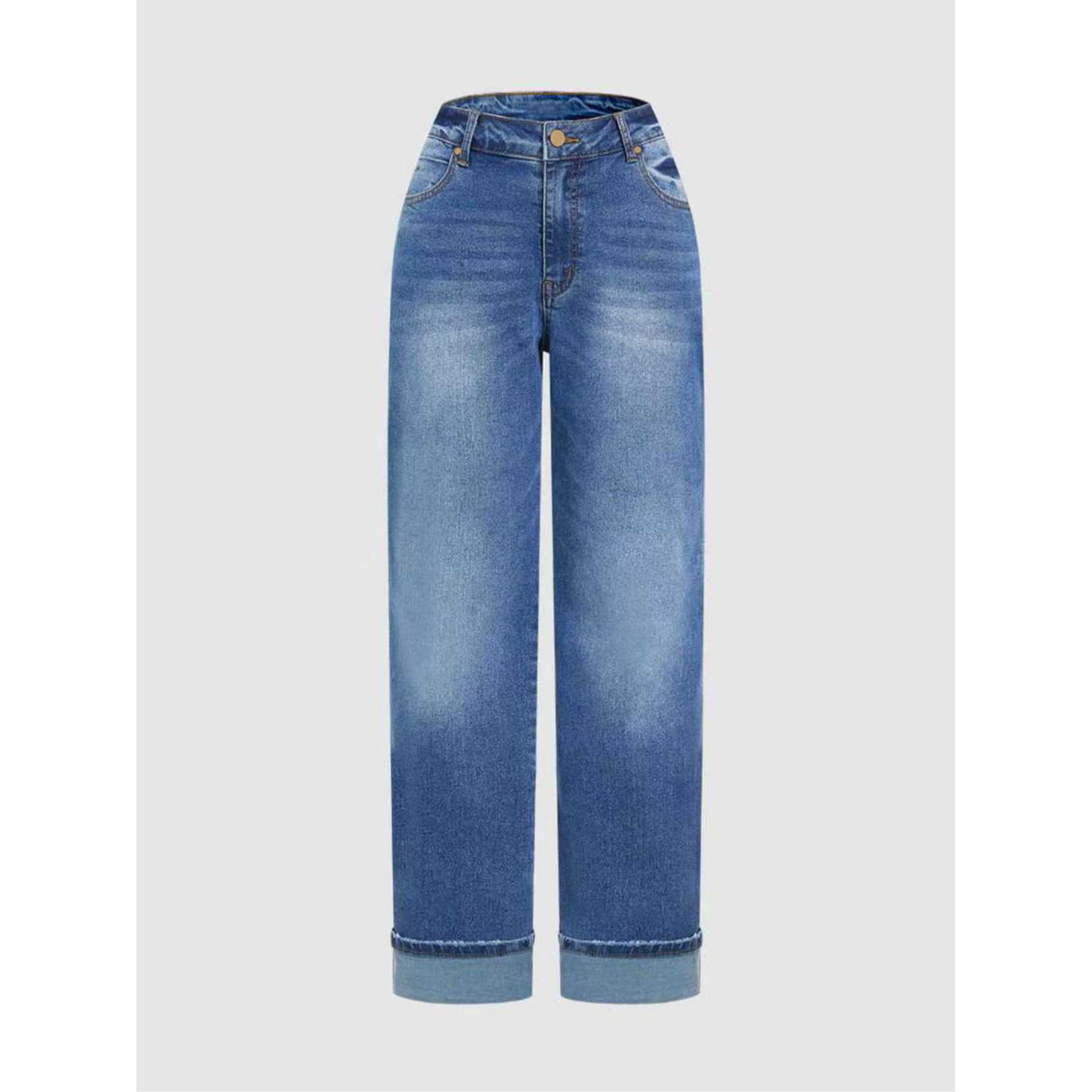 Rolled Hem Plus Size Women's High Waist Casual Straight Jeans Simple Fashion Stretch Jeans