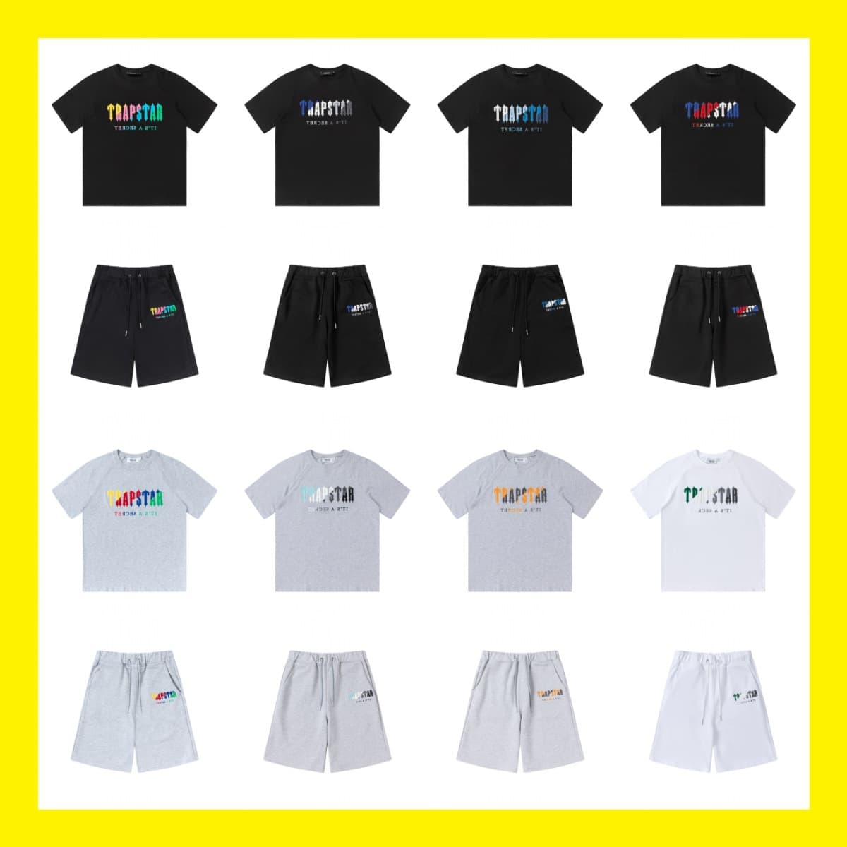 Cross-border Trade Trapstar Rainbow Gradient Letter Embroidered Towel Short Sleeve T-Shirt Fog High Street Shorts Set