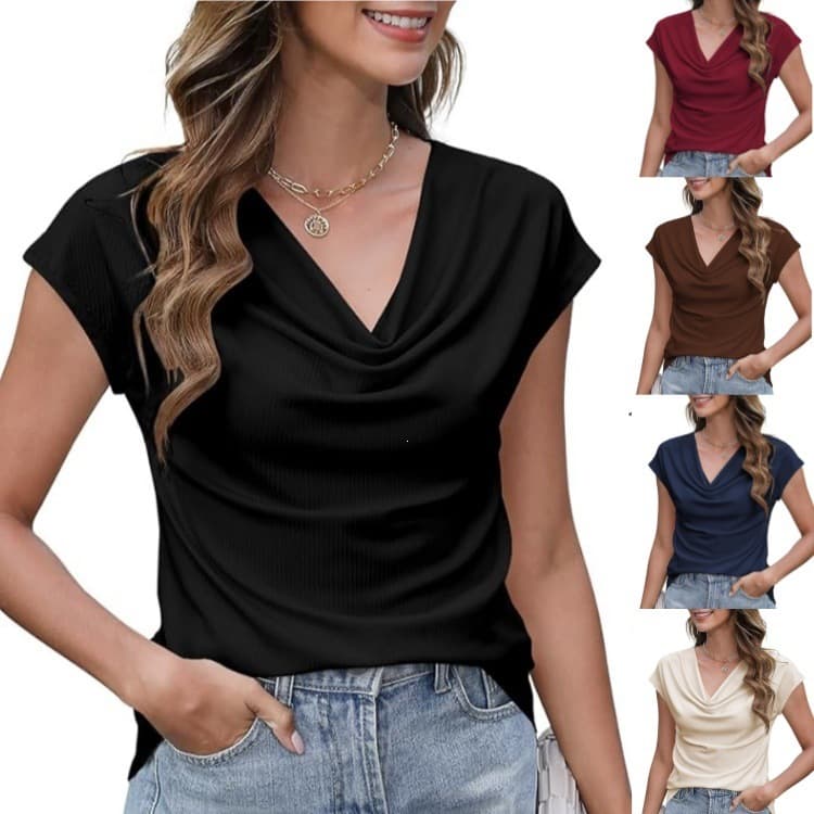 2026 Amazon cross-border fashion 2026 spring and summer European and American clothing pile collar tops casual fashion solid color short sleeves