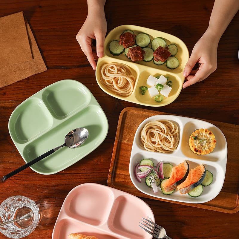 Sectioned Portion Control Plate for Weight Loss, Single-Serve Meal, Home Breakfast Tableware, Kids Ceramic Nordic Style, Three-Compartment Plate