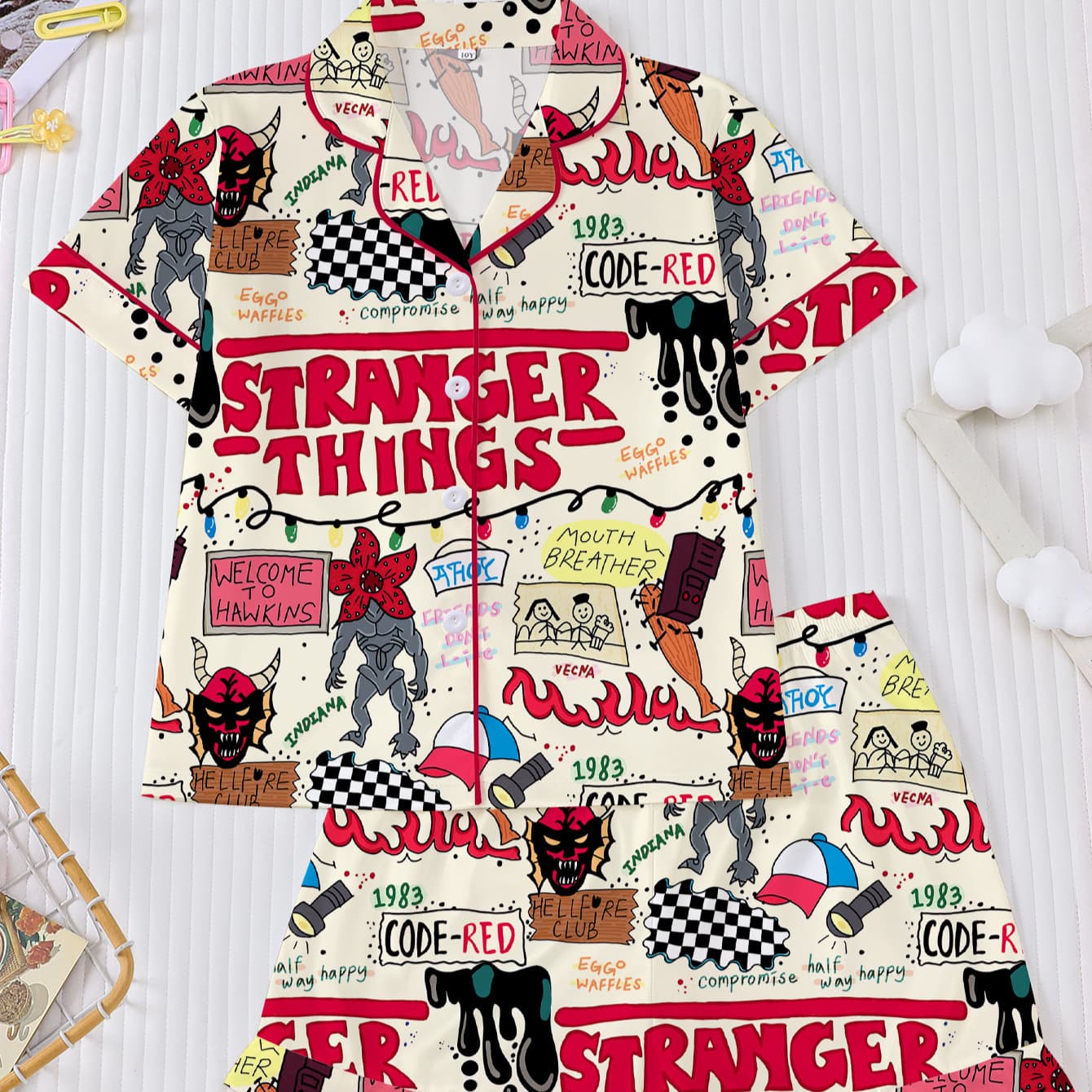 Flame-Retardant Cross-Border New Season Girls' Pajama Set Short Sleeve Shorts Cardigan Stranger Things Print