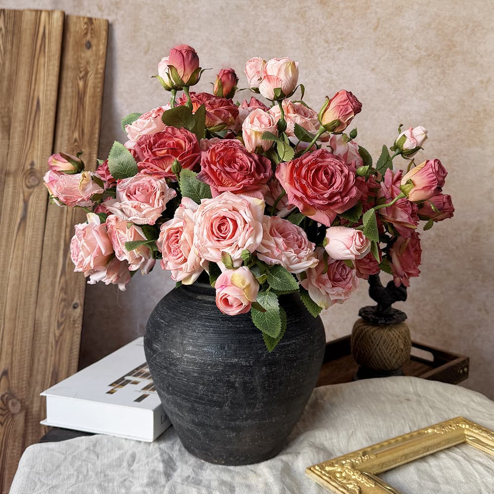 French Artificial Flowers Single Stem 3-Head Burnt Edge Rose Vintage Living Room Decoration Artificial Flowers Dried Flower Bouquet Tall