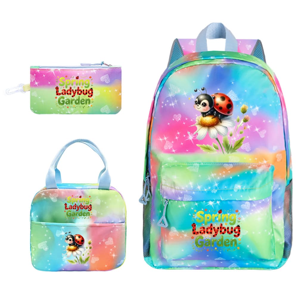 New Seven-Star Ladybug Schoolbag for Primary School Students, Lightweight and Burden-Reducing, Large-Capacity Girls' Backpack, Meal Bag, Fresh-Keeping Box