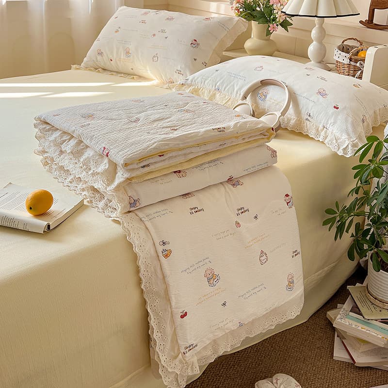 New Colored Lace Ruffled Gauze Summer Quilt Four-Piece Set, Hot-Selling Air Conditioning Thin Blanket for Summer, Wholesale Cross-Border Drop Shipping
