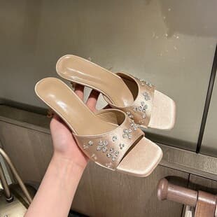 Stunning Rhinestone Cat Heel Sandals for Women, Outdoor Slippers 2026 Summer New Style, Square Toe Thin High Heels