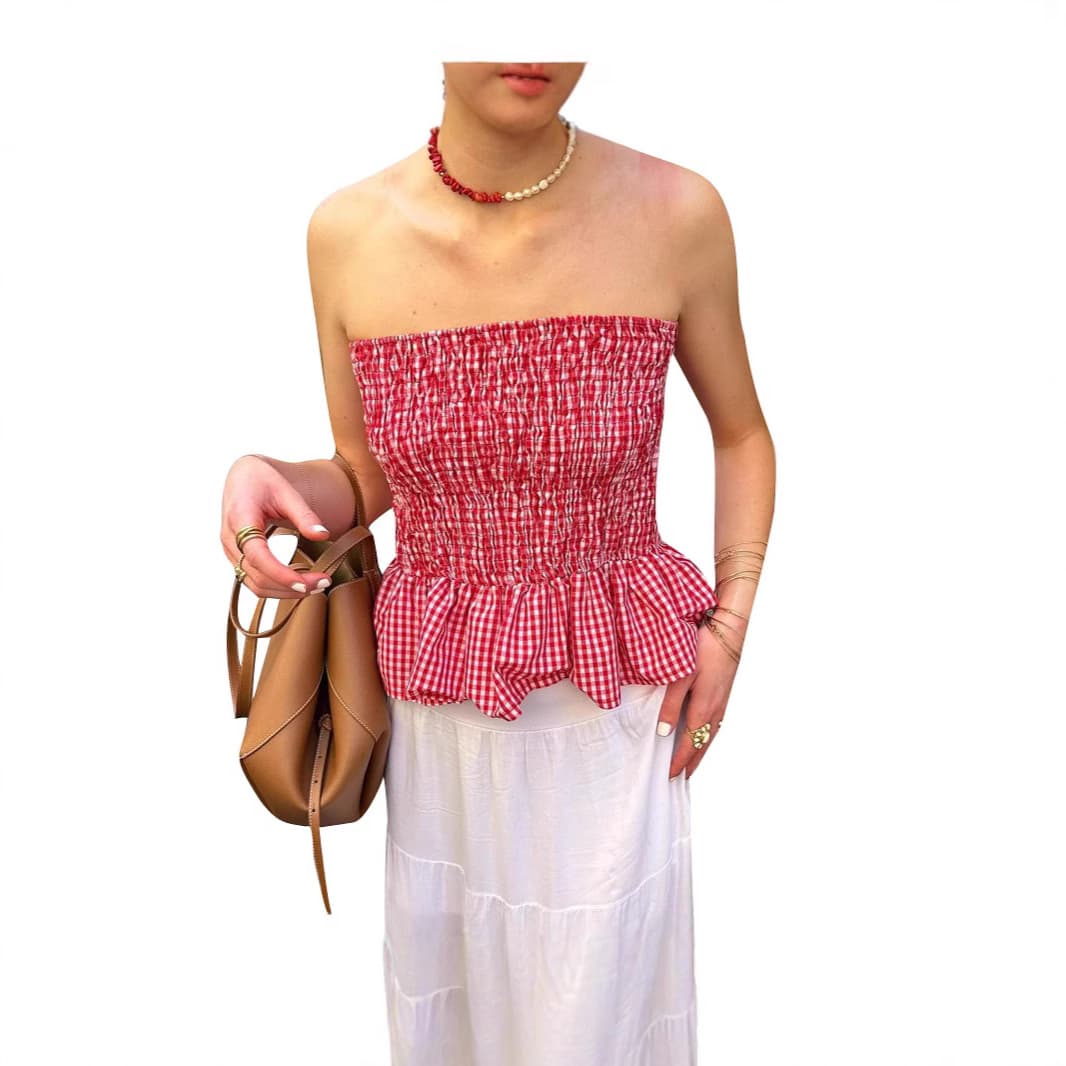 Sweet Fresh Small Plaid Women's Vest Design Sensation Summer Outdoor Pure Beautiful Top Strapless High Elastic Polyester Short Style