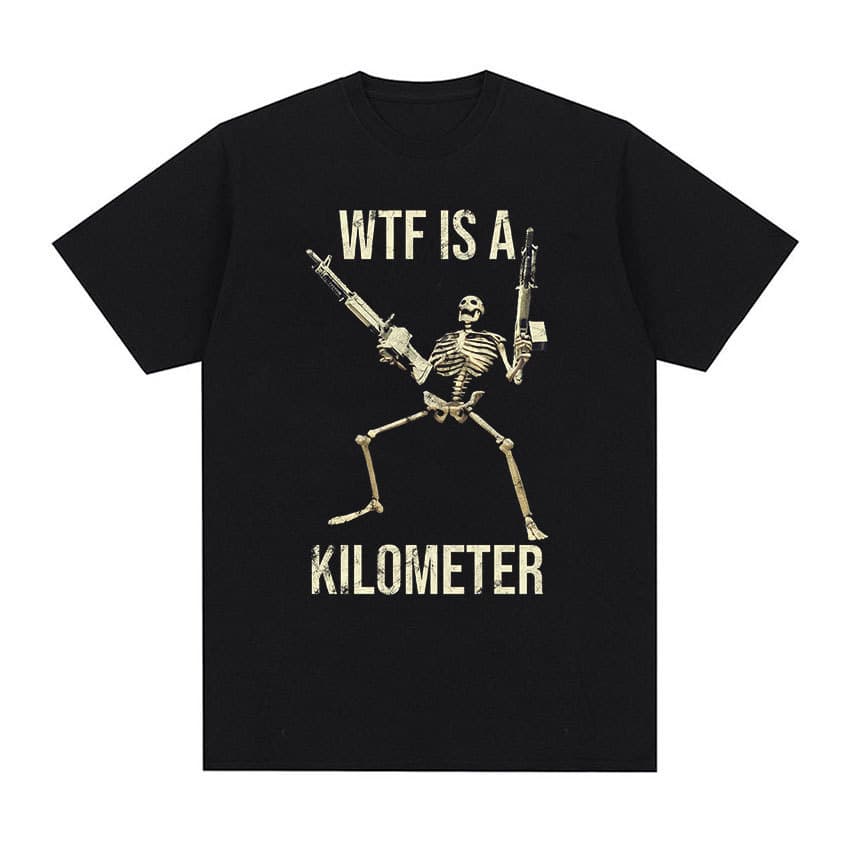 Funny WTF Is A Kilometer Skeleton Vintage T Shirt Men's Goth