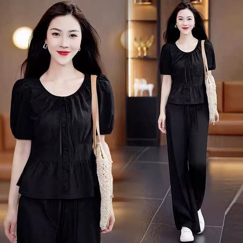 Fashion Set for Women 2026 Summer New Petite Chic Thin Waist Top Straight Wide-Leg Pants Two-Piece Set
