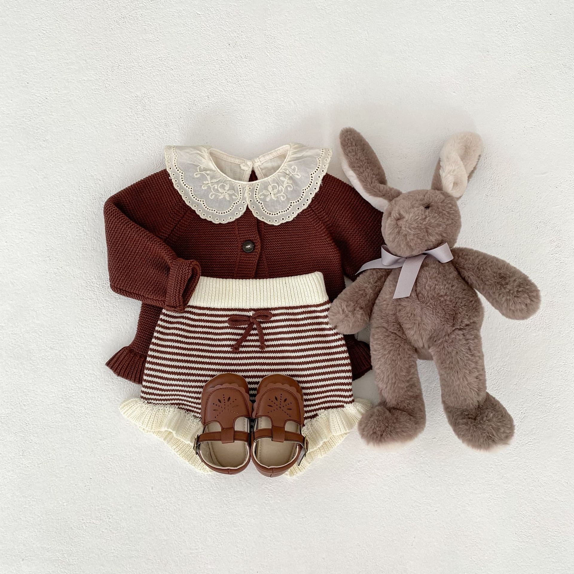2026 Autumn and Winter Infant Girl Knitted Edge Set Category A Cotton Sweater Cardigan + Pants Two-piece Set
