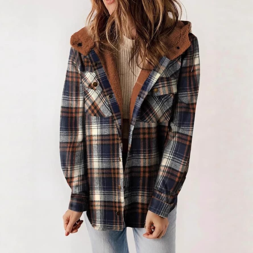 2025 European and American Amazon Fall/Winter Women's Plaid Casual Versatile Jacket Long Sleeve Fuzzy Hooded Coat with Pockets