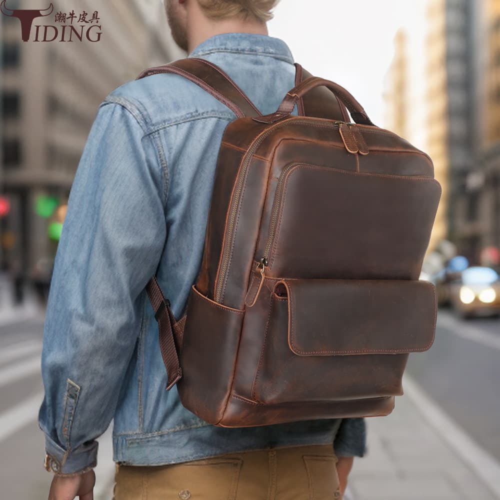 Genuine Leather Backpack for Men, Trendy Cowhide Cross-Border Vintage, Large Capacity 16-Inch Laptop Bag, Outdoor Travel Backpack