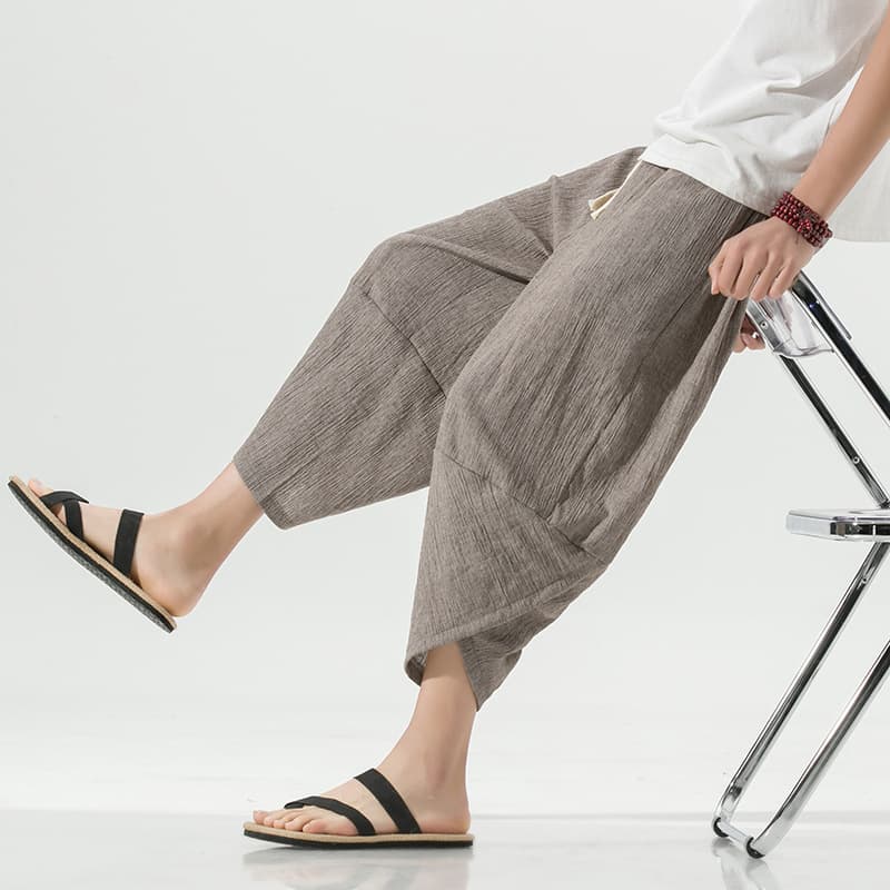 New Summer Chinese Style Linen Cropped Pants for Men, Trendy Loose Fit Harem Pants, Casual Tapered Pants