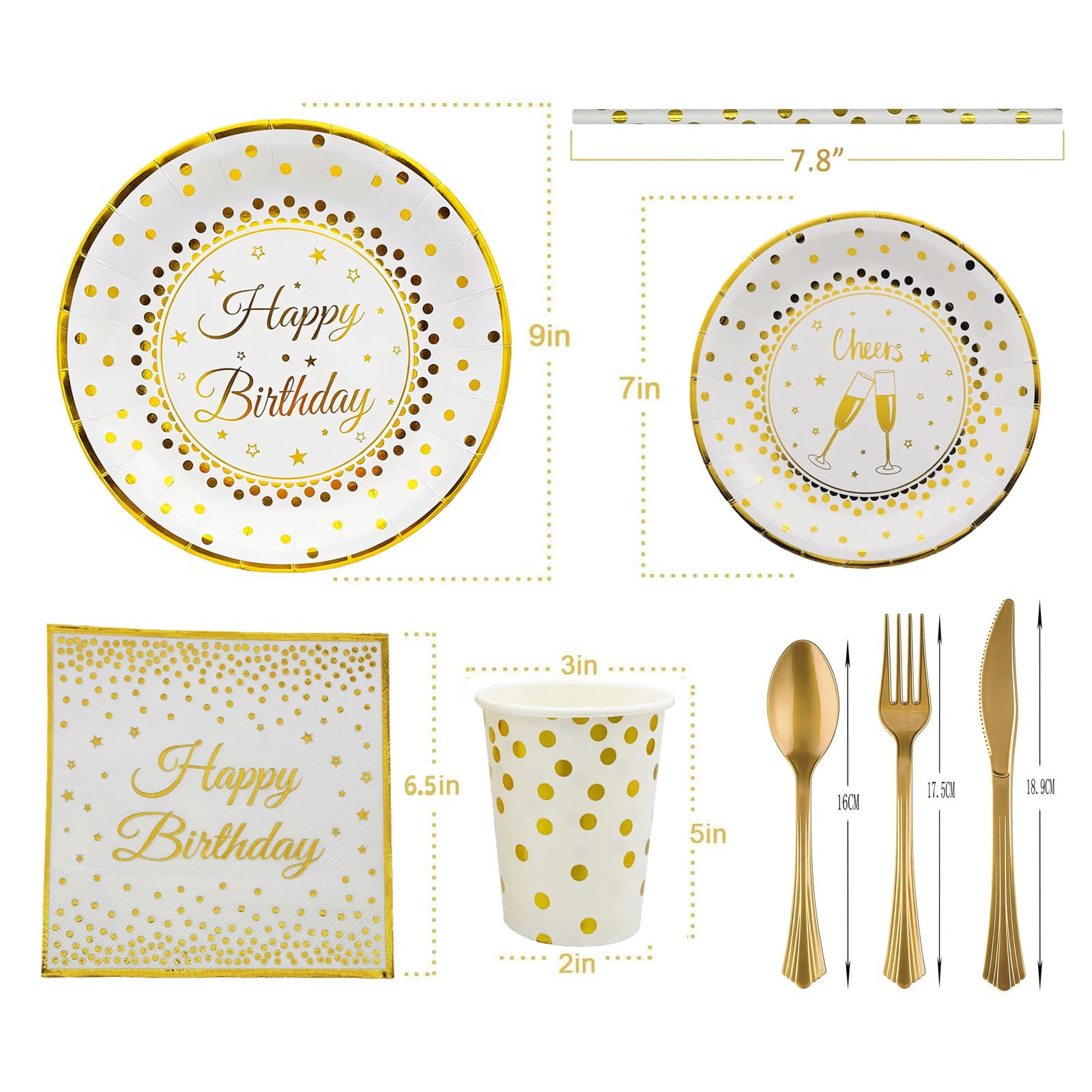 White Happy Birthday Polka Dot Foil Party Birthday Theme Tableware Disposable Paper Plates Napkins Tablecloth