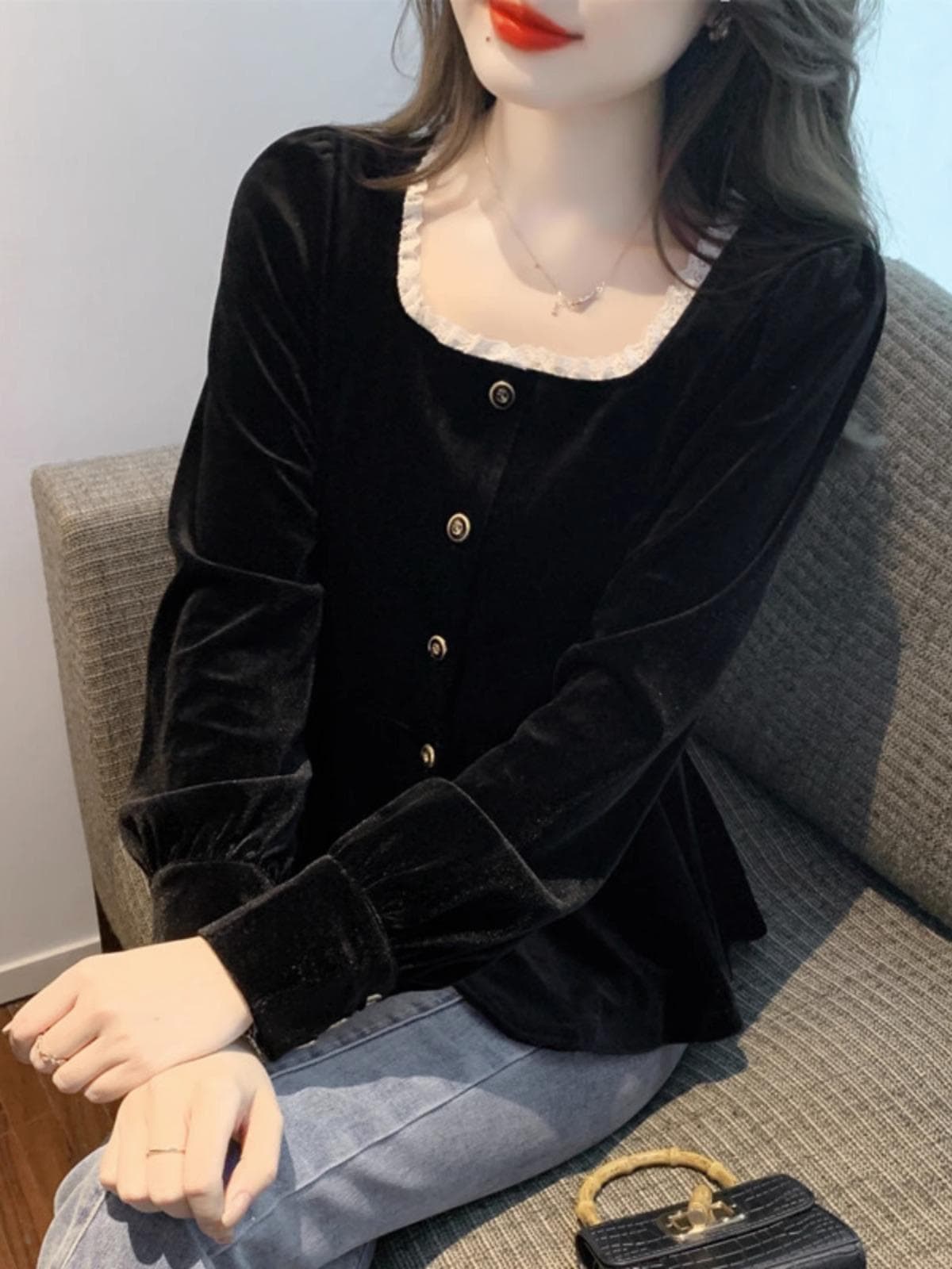 Plus-size autumn French square neck long-sleeved velvet blouse with lace trim, flattering and stylish, perfect for wearing outside.