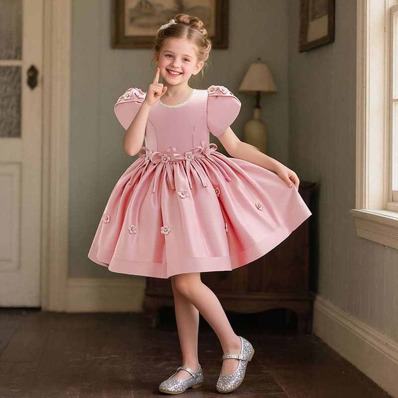 Children's Satin 3D Flower Princess Dress Multicolor Puff Sleeve Puffy Dress Birthday Dress Performance Girls Dress