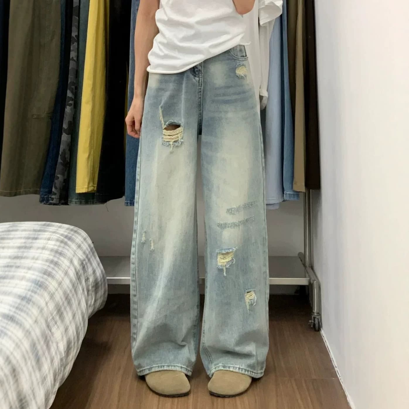 Retro washed ripped wide leg jeans for women high waisted slimming loose drape floor mopping straight denim wide leg pants for women