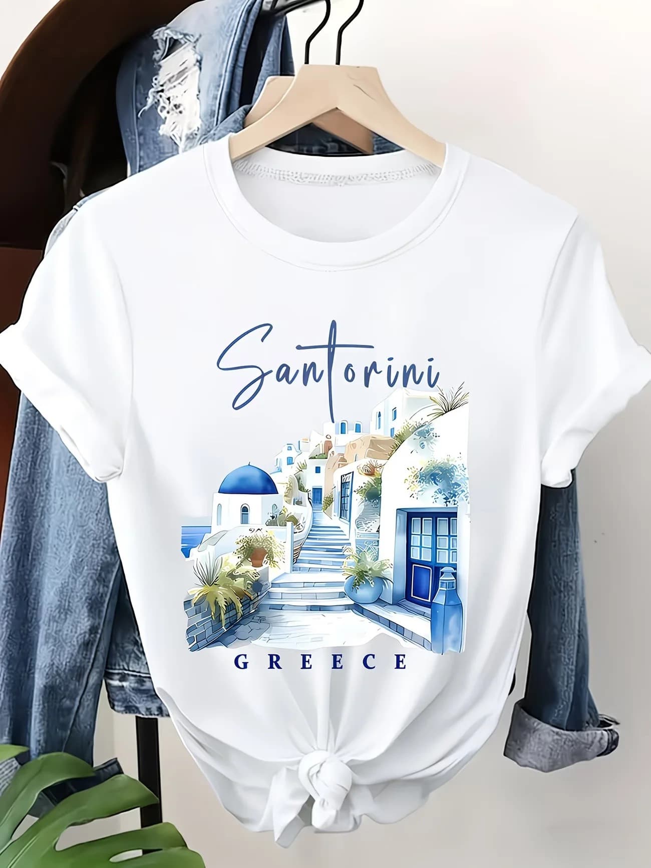 Women's Santorini Greece Print T-Shirt Short Sleeve Crew Neck Casual