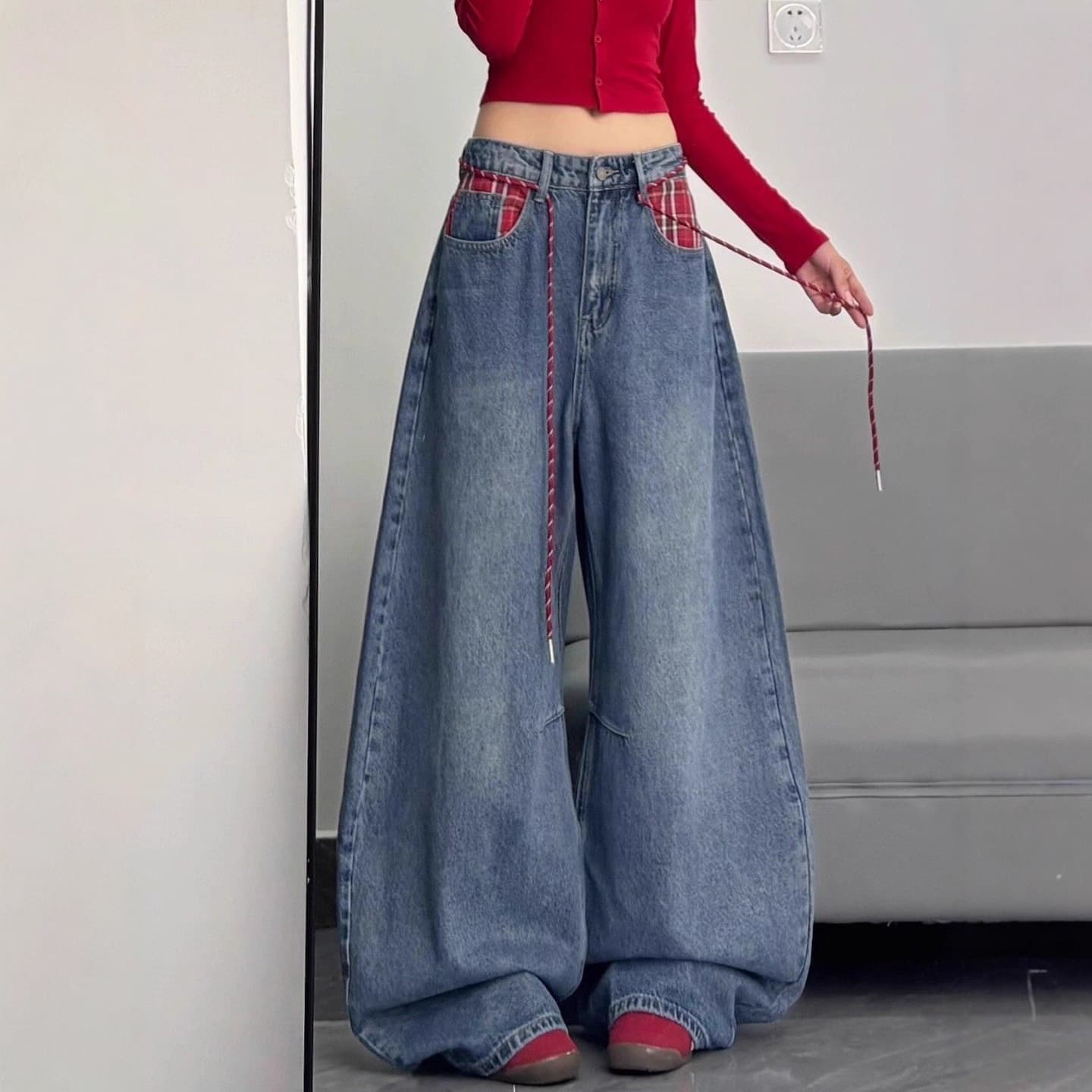 [Hanniu] Xintang denim sweet and cool design Korean wide-leg jeans for women, loose high-waisted slim floor-length pants