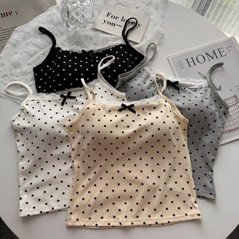 Pure Desire Style Polka Dot Lace Camisole with Built-In Bra Pads, Beautiful Back Design, Can Be Worn as an Outerwear Tube Top or Sleeveless Top