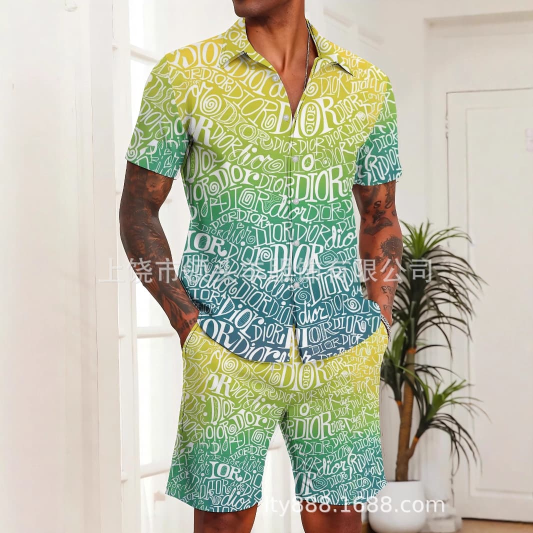 First Order Discount Summer Dior Full Print CD Short Sleeve Shirt Shorts Casual Sport Trendy Set for Men and Women