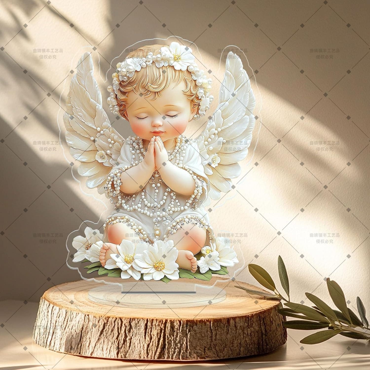 Cross-border new product European-style white flower praying little angel acrylic stand with eyes closed and wings baby angel desktop decoration