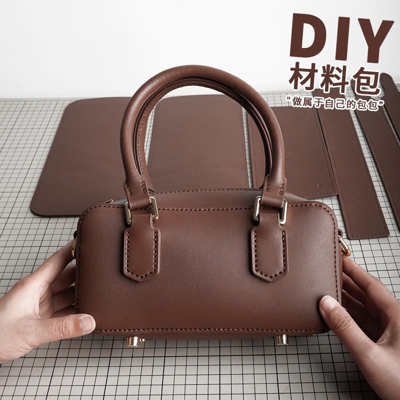 Genuine Leather Bowling Bag Hand-stitched Material Bag Women's One-shoulder Crossbody Handbag Niche Retro Boston Small Square Bag