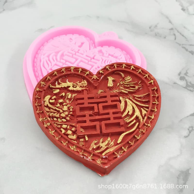 Heart-shaped Dragon and Phoenix Double Happiness Silicone Mold Festive Wedding Decoration Mold DIY Cupcake Fondant Cake Decorating Mold
