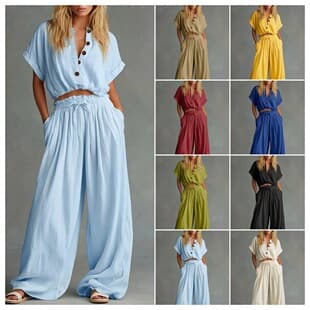 2026 European and American Cross-Border Women's Fashion Casual Solid Loose Short Sleeve Top and Casual Long Pants Two-Piece Set