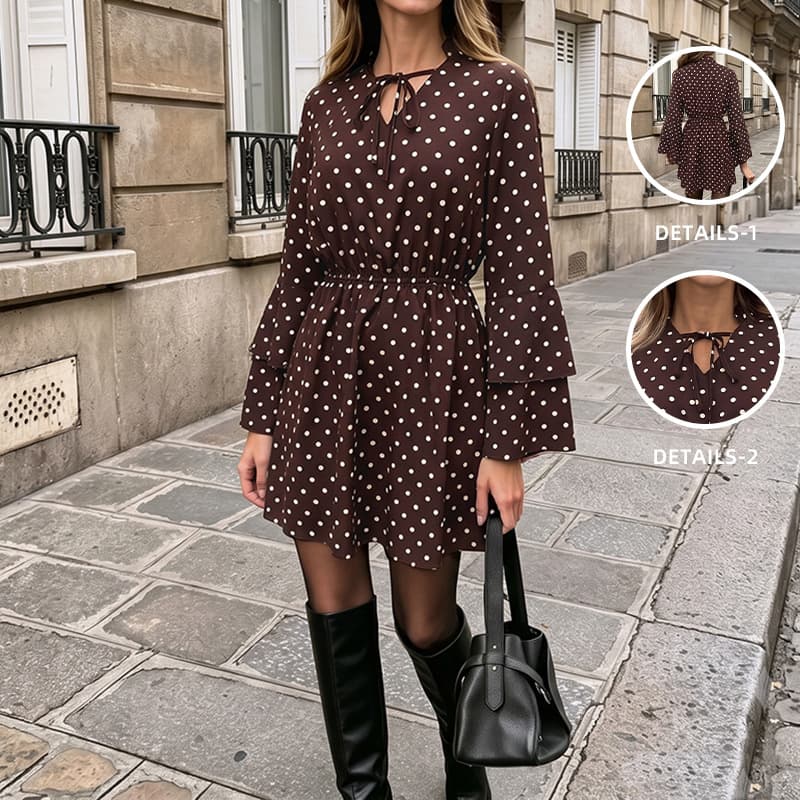 TikTok2026 new autumn and winter retro commuter style short skirt polka-dot V-neck lace-up ruffled long-sleeved dress