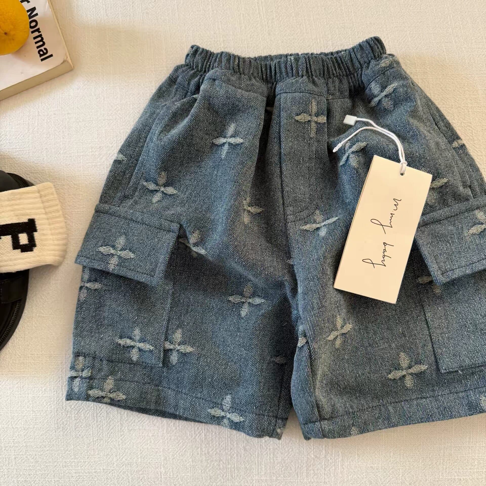 Boys and Girls Denim Shorts Summer Jacquard Stylish Baby Knee-Length Shorts Simple Style Children's Shorts 2026 Summer Kids Clothing