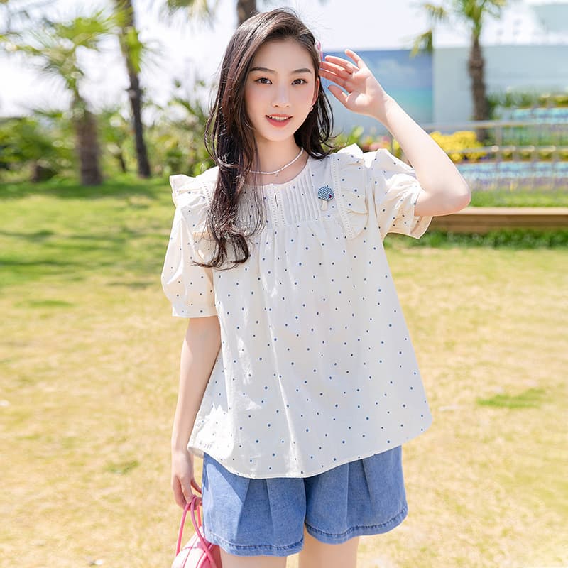 5063 Middle and High School Student Top and Denim Shorts Two-Piece Set Summer Teen Girls Loose Casual Outfit