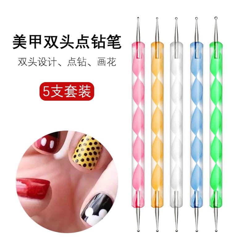 Factory direct stock of 5 acrylic double-ended rhinestone dotting pens with spiral handles; rhinestone dotting needles and pen attachments.