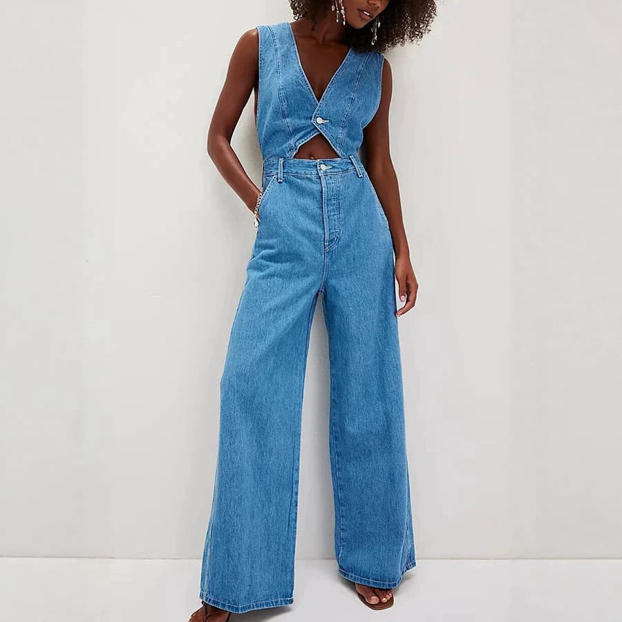 2026 Spring/Summer Women's Fashion Retro Denim Wide-Leg Jumpsuit for Cross-Border Trade 35221