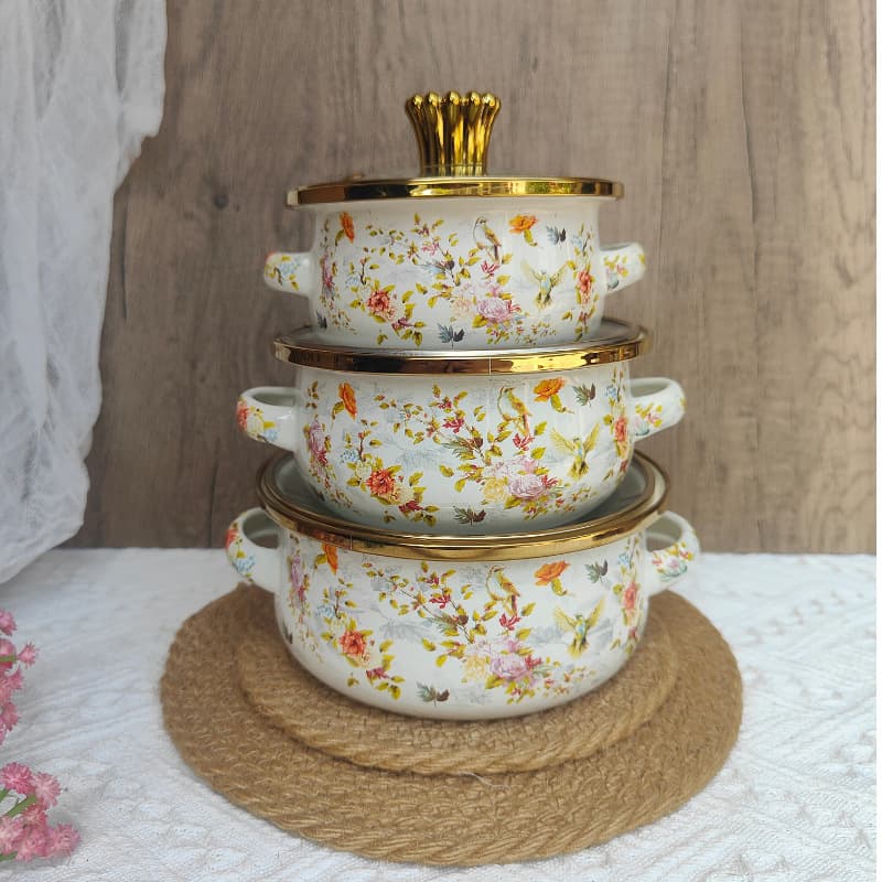 European and American 3-Piece Enamel Pot Set: Double-Handled Soup Pot, Stew Pot, Noodle Bowl, Hot Pot, Lard Bowl, Household Soup Bowl