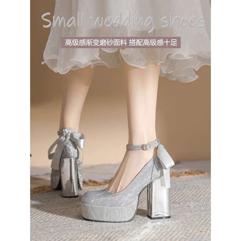 Height Increase 12CM Petite Silver High Heels Chunky Heel French Mary Jane Wedding Shoes Thick Sole Platform French Flats