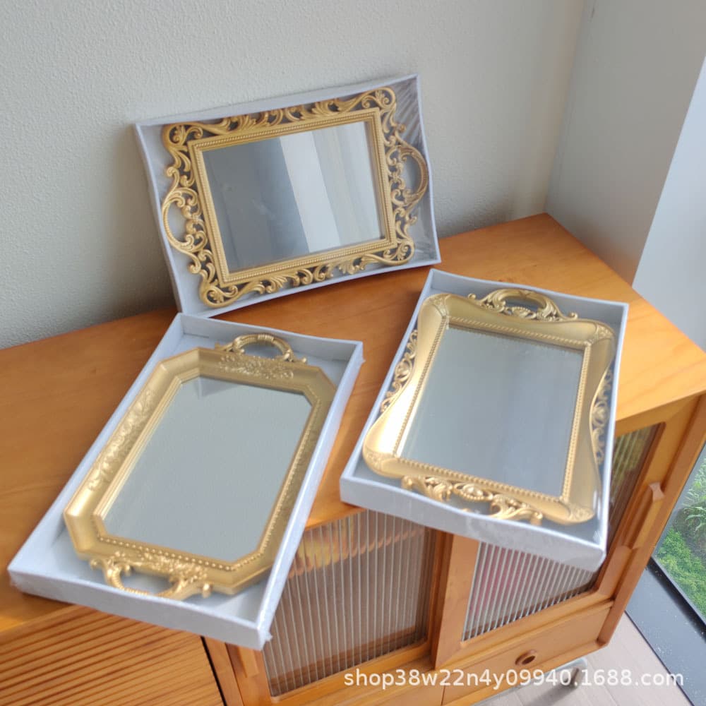 European Vintage Gold Embossed Square Round Mirror Glass Tray Wedding Decoration Dessert Table Display Storage