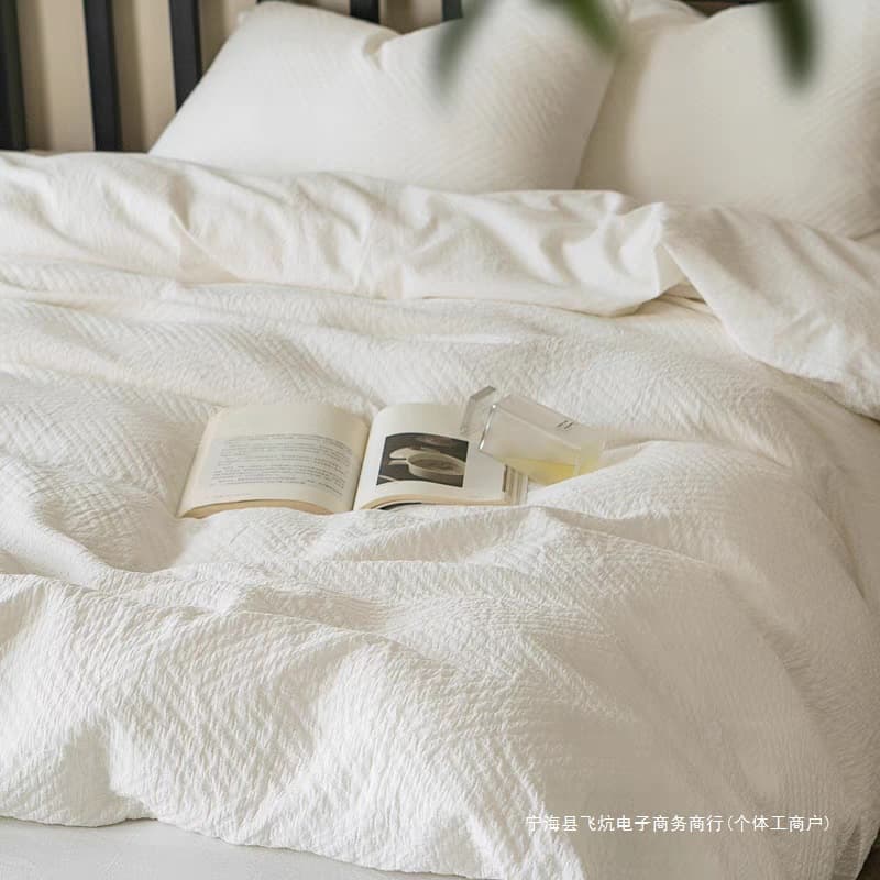 Minimalist solid-color ins-style pure white hotel duvet cover washed cotton four-piece set solid-color bed single three-piece set