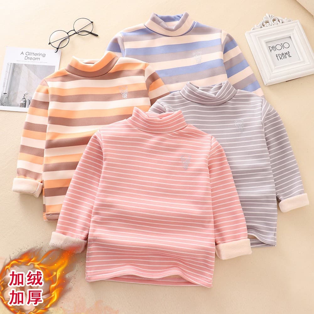 Children's autumn and winter thickened velvet warm turtleneck bottoming shirt for boys and girls striped long-sleeved tops simple inner T-shirt