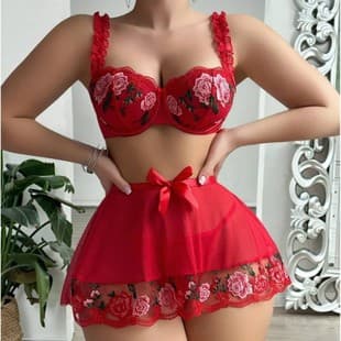 Cross-Border Trade European and American New Lingerie Sexy Women Lace Sheer Embroidery Tight Bodycon Dress Lingerie Set