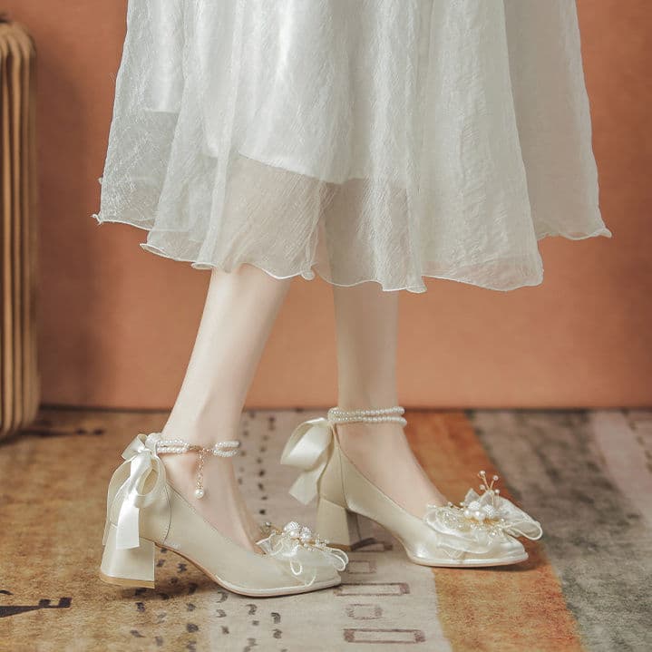 Princess-style Exquisite Design Chunky Heel Bow Adult Ceremony High Heels New Hexiu Wedding Shoes Bride Shoes
