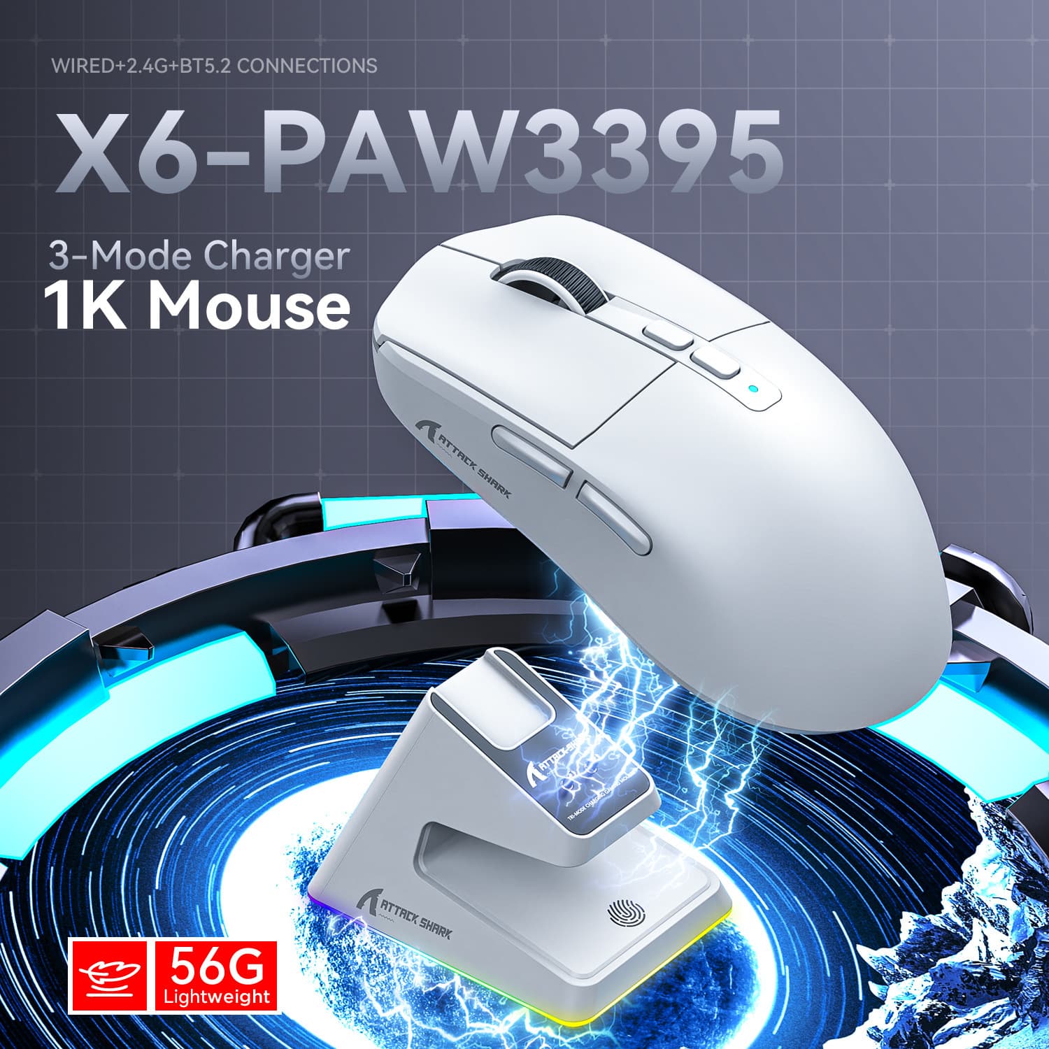 Attack Shark X6 Lightweight PAW3395 Esports Gaming Mouse Tri-Mode Wireless Bluetooth Mouse with Charging RGB Dock